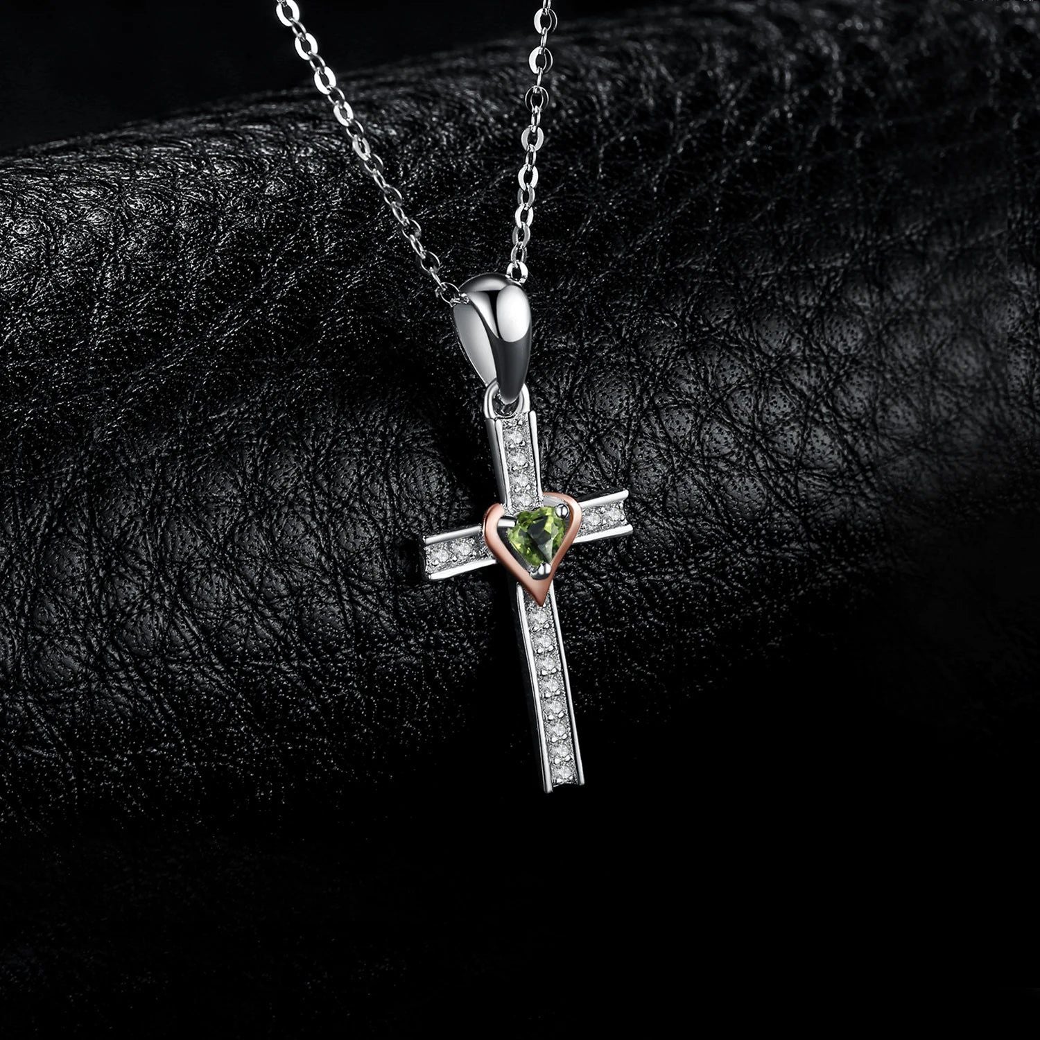 Elegant Heart Cross Pendant with Green Peridot in Rose Gold 925 Sterling Silver