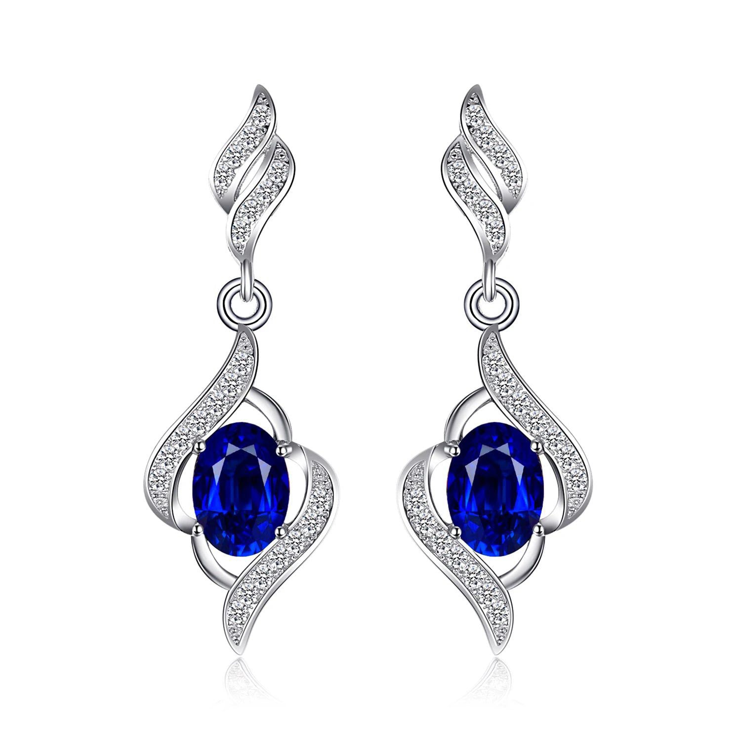 Elegant Created Blue Sapphire Silver Dangle Earrings in 925 Sterling Silver