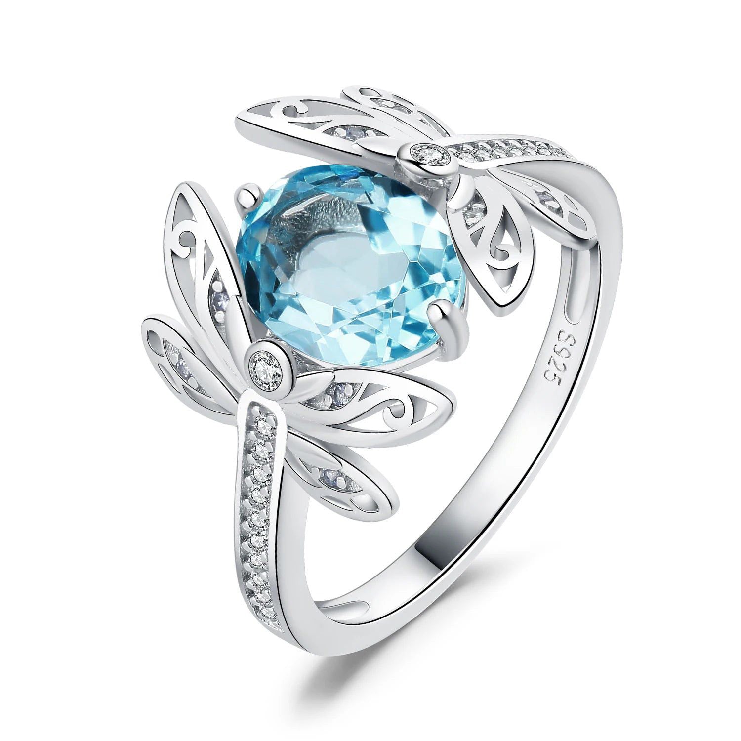 Exquisite 3.6ct Natural Sky Blue Topaz Dragonfly Cocktail Ring in 925 Sterling Silver