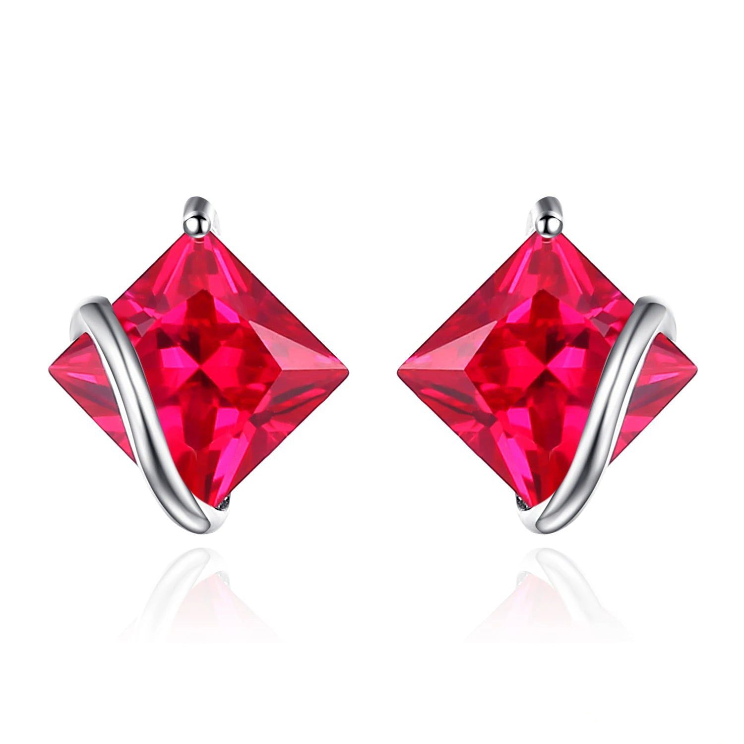 Square Ruby Gemstone Sterling Silver Stud Earrings in Vibrant Red