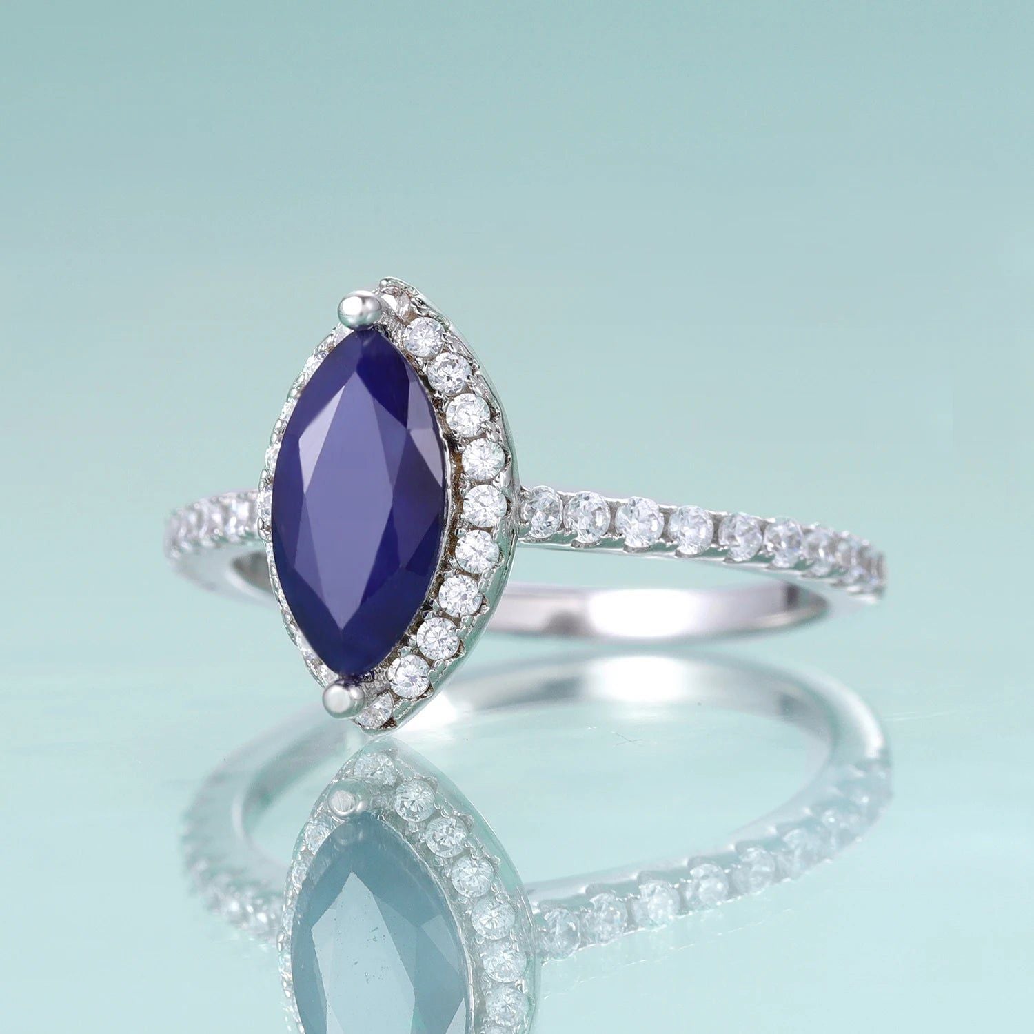 September Birthstone MARQUISE CUT 5X10MM Blue Sapphire Halo Ring 925 Sterling Silver Dainty Ring