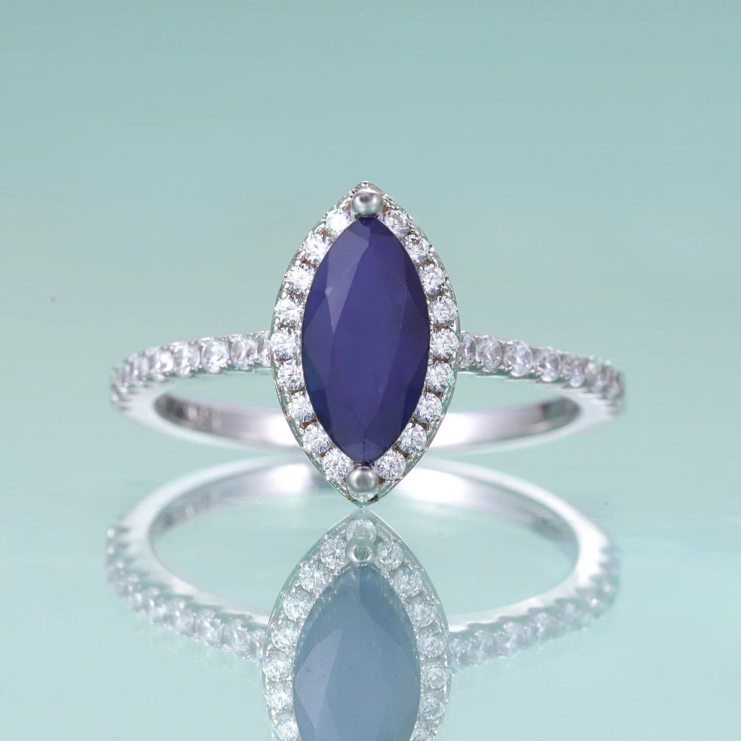 September Birthstone MARQUISE CUT 5X10MM Blue Sapphire Halo Ring 925 Sterling Silver Dainty Ring