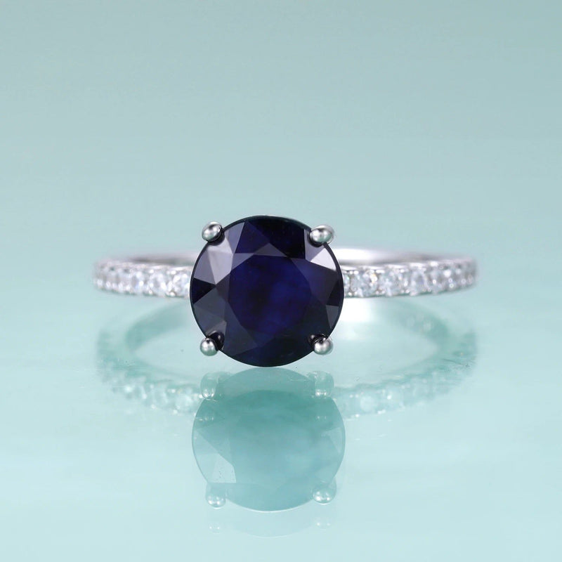 September Birthstone Vintage 8mm Round Blue Sapphire Ring 925 Sterling Silver Dainty Ring