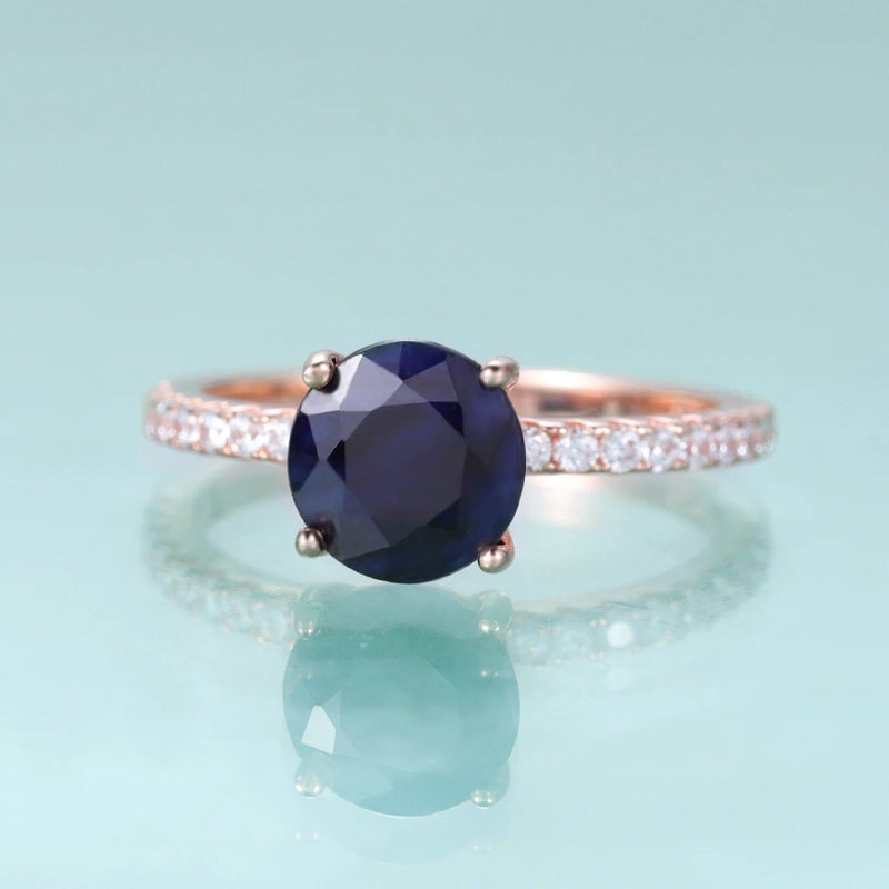 September Birthstone Vintage 8mm Round Blue Sapphire Ring 925 Sterling Silver Dainty Ring