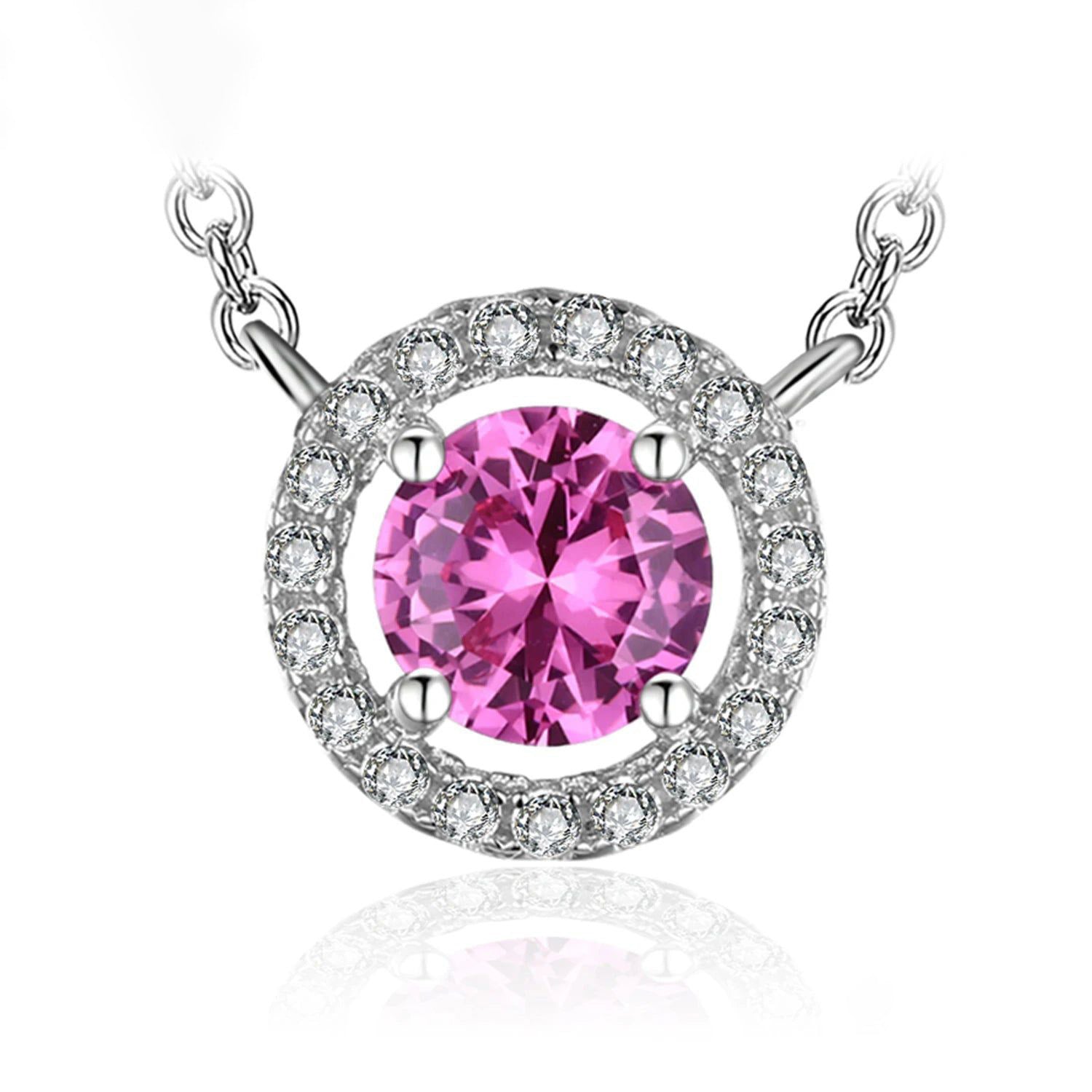 1.1ct Round Created Pink Sapphire Pendant Necklace in 925 Sterling Silver - Elegant Fine Jewelry 45cm