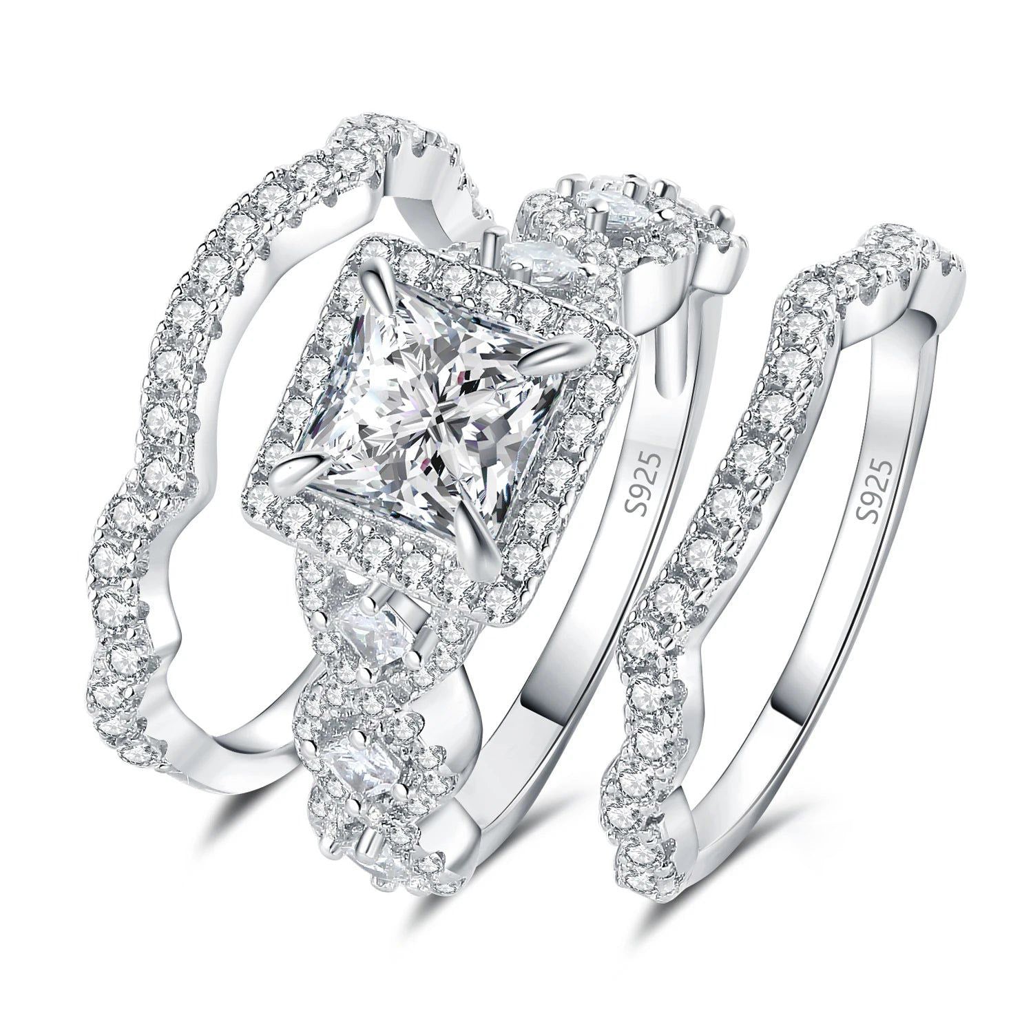 3-Piece 925 Sterling Silver Princess Cut Halo Ring Set with 2.9ct AAAAAA CZ