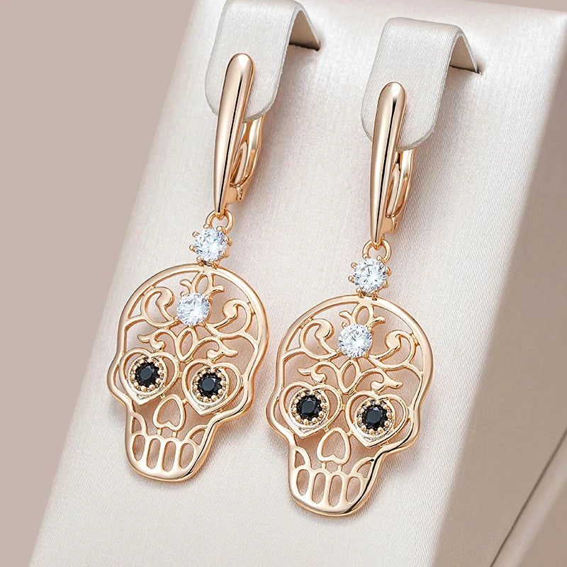 Skull Punk Rose Gold Geometric Big Drop Earrings with Glossy Zircon Accents