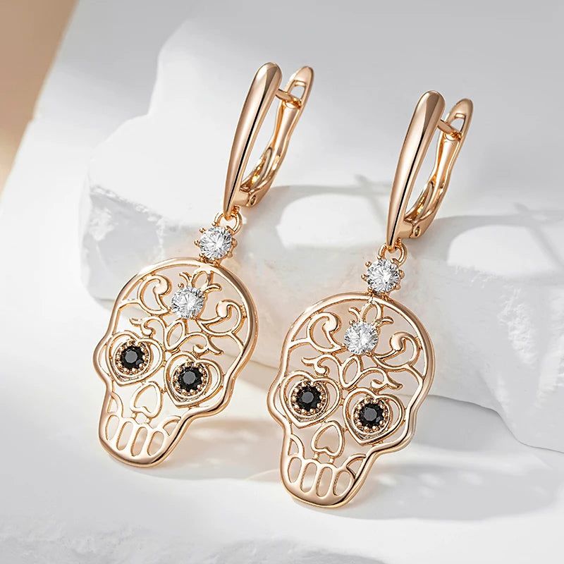 Skull Punk Rose Gold Geometric Big Drop Earrings with Glossy Zircon Accents