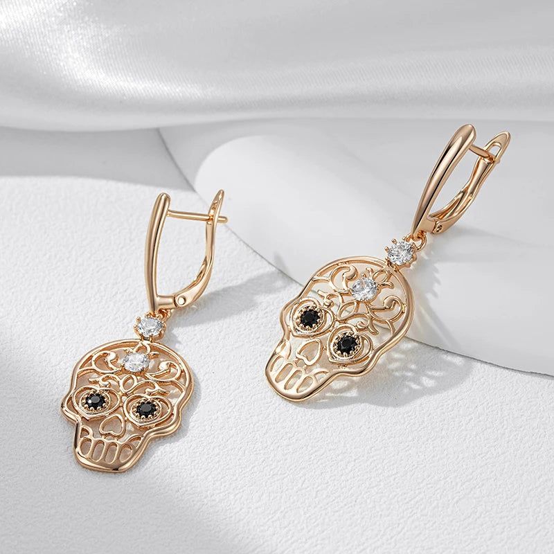 Skull Punk Rose Gold Geometric Big Drop Earrings with Glossy Zircon Accents