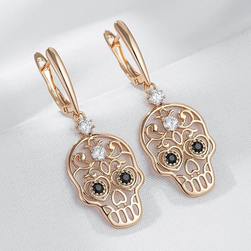 Skull Punk Rose Gold Geometric Big Drop Earrings with Glossy Zircon Accents