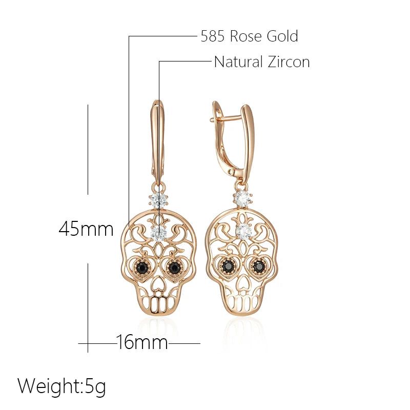 Skull Punk Rose Gold Geometric Big Drop Earrings with Glossy Zircon Accents