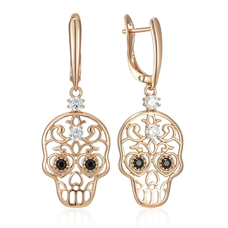 Skull Punk Rose Gold Geometric Big Drop Earrings with Glossy Zircon Accents