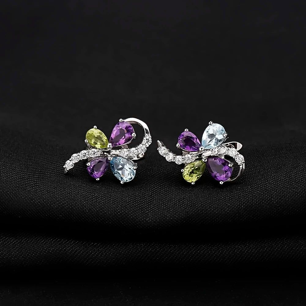 Sky Blue Topaz Amethyst Peridot Mix Gemstone Clip Earrings