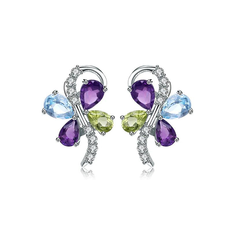 Sky Blue Topaz Amethyst Peridot Mix Gemstone Clip Earrings