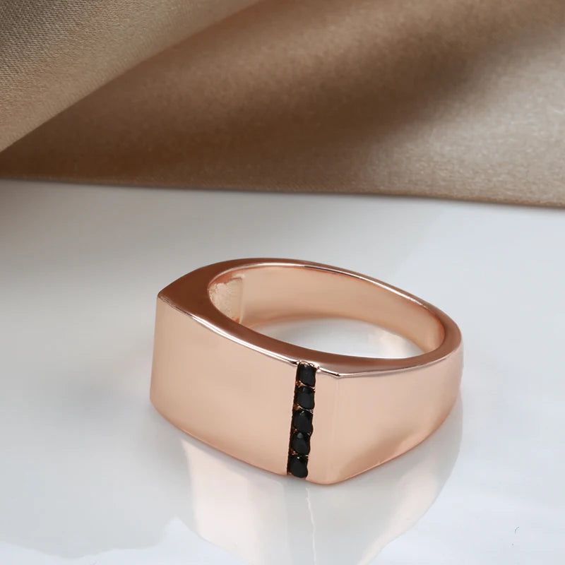 Sleek 585 Rose Gold Men's Square Ring with Black Natural Zircon - Stylish Statement Jewelry