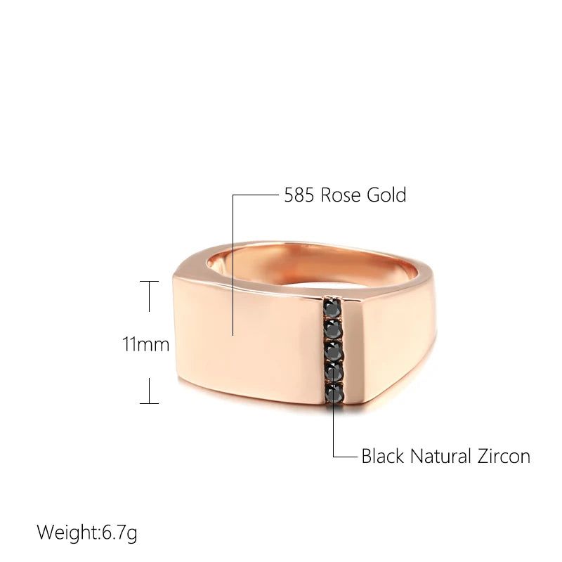 Sleek 585 Rose Gold Men's Square Ring with Black Natural Zircon - Stylish Statement Jewelry