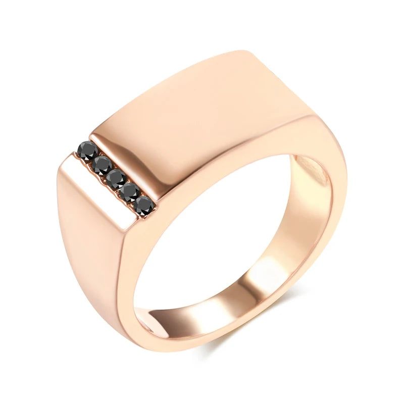 Sleek 585 Rose Gold Men's Square Ring with Black Natural Zircon - Stylish Statement Jewelry