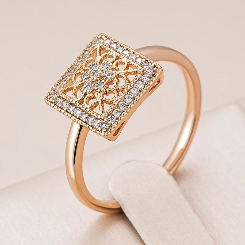 Sleek Geometric Floral Ring in 585 Rose Gold with Natural Zircon Accents