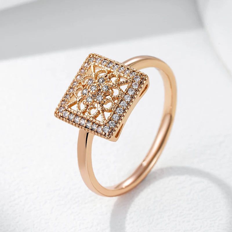 Sleek Geometric Floral Ring in 585 Rose Gold with Natural Zircon Accents