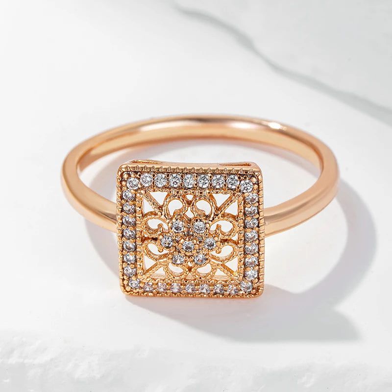 Sleek Geometric Floral Ring in 585 Rose Gold with Natural Zircon Accents