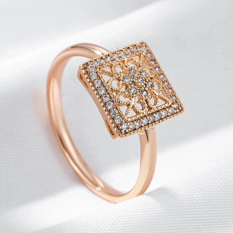 Sleek Geometric Floral Ring in 585 Rose Gold with Natural Zircon Accents