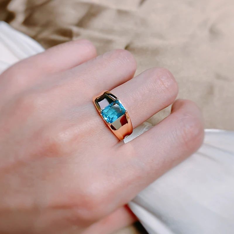 Sleek Rose Gold Men’s Ring with Blue Natural Zircon - Elegant Square Design Jewelry