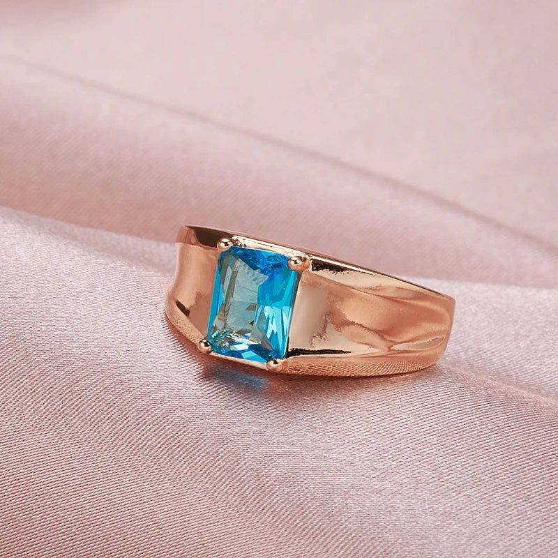 Sleek Rose Gold Men’s Ring with Blue Natural Zircon - Elegant Square Design Jewelry