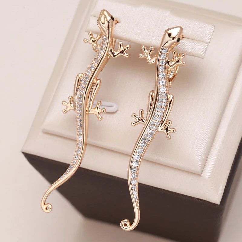 Smart Gothic Lizard Drop Earrings with Natural Zircon in 585 Rose Gold Finish - Trendy Animal Jewelry