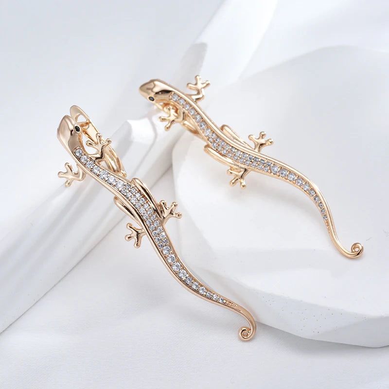 Smart Gothic Lizard Drop Earrings with Natural Zircon in 585 Rose Gold Finish - Trendy Animal Jewelry