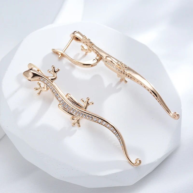 Smart Gothic Lizard Drop Earrings with Natural Zircon in 585 Rose Gold Finish - Trendy Animal Jewelry