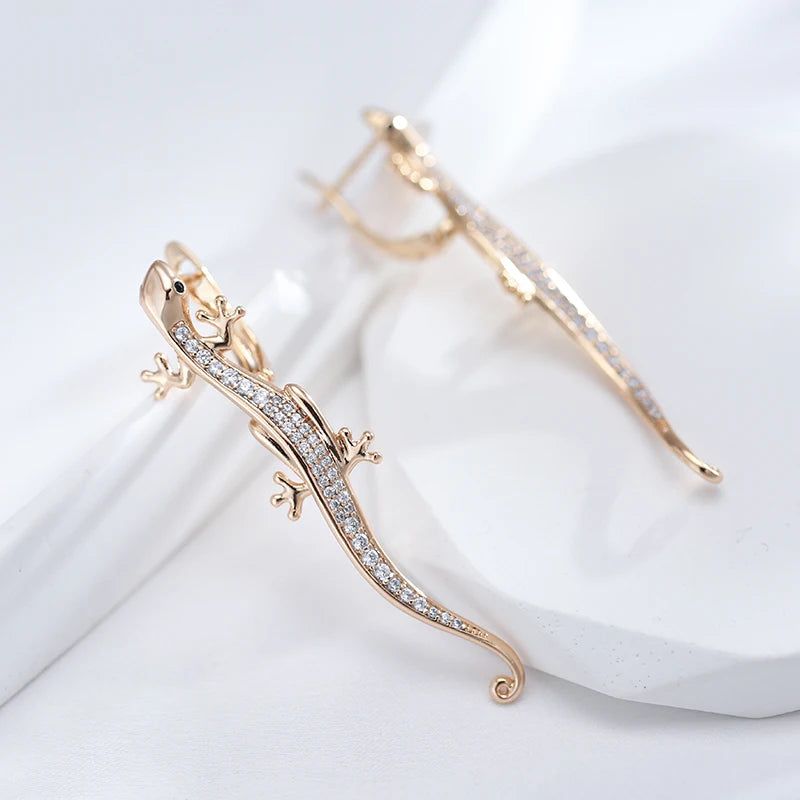 Smart Gothic Lizard Drop Earrings with Natural Zircon in 585 Rose Gold Finish - Trendy Animal Jewelry