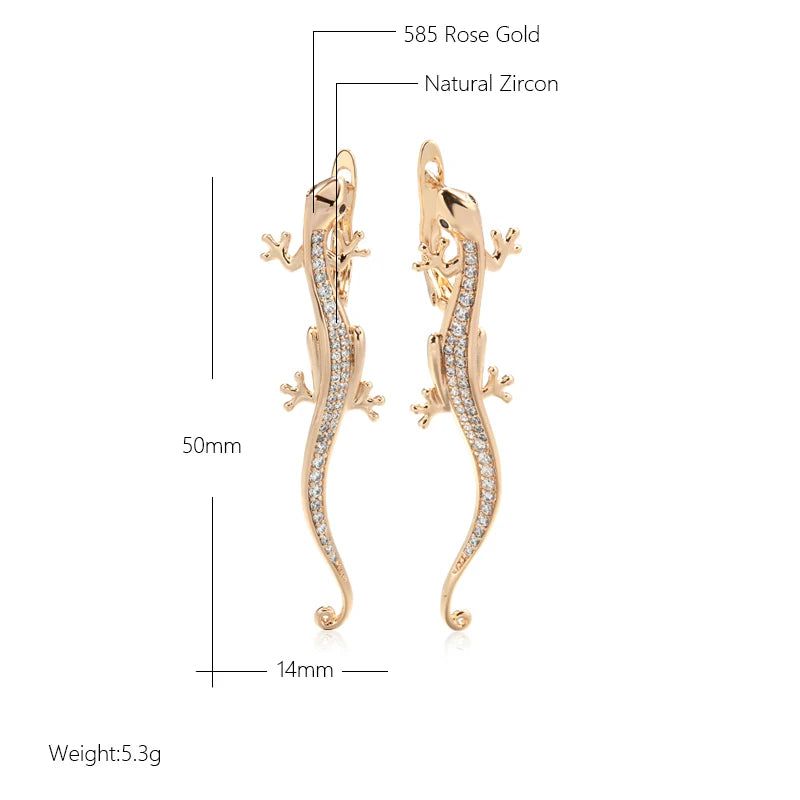 Smart Gothic Lizard Drop Earrings with Natural Zircon in 585 Rose Gold Finish - Trendy Animal Jewelry