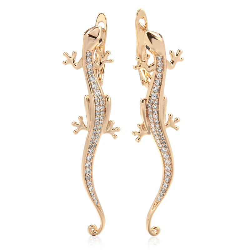 Smart Gothic Lizard Drop Earrings with Natural Zircon in 585 Rose Gold Finish - Trendy Animal Jewelry