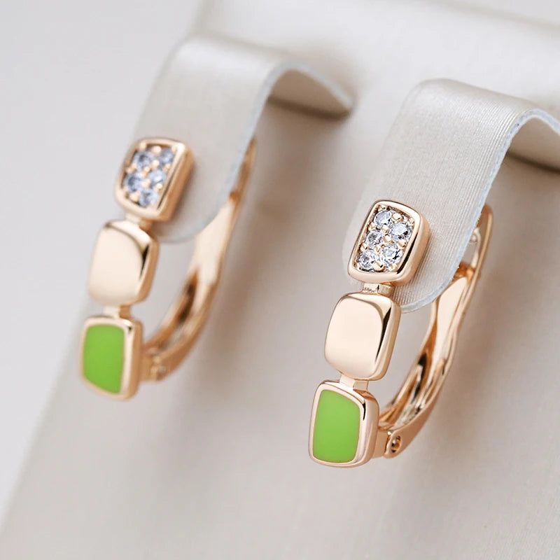 Smart Green Enamel and Natural Zircon Rose Gold Drop Earrings