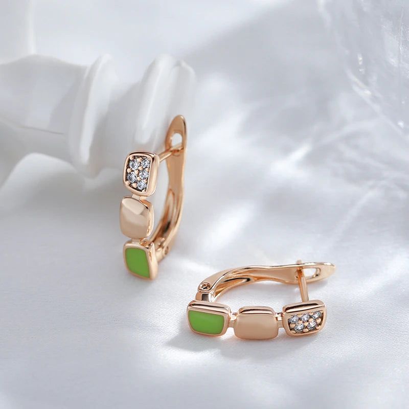 Smart Green Enamel and Natural Zircon Rose Gold Drop Earrings