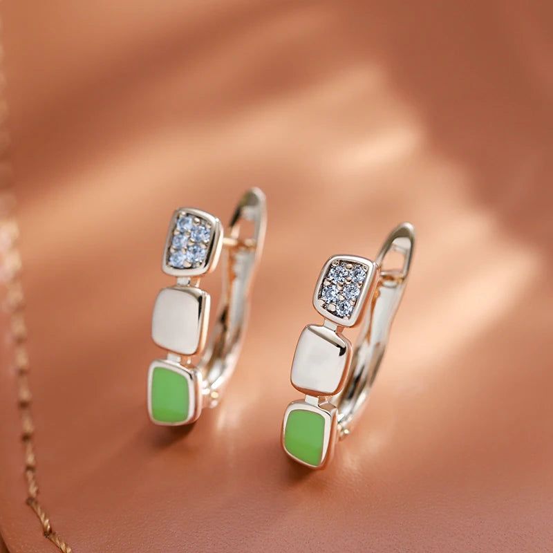 Smart Green Enamel and Natural Zircon Rose Gold Drop Earrings