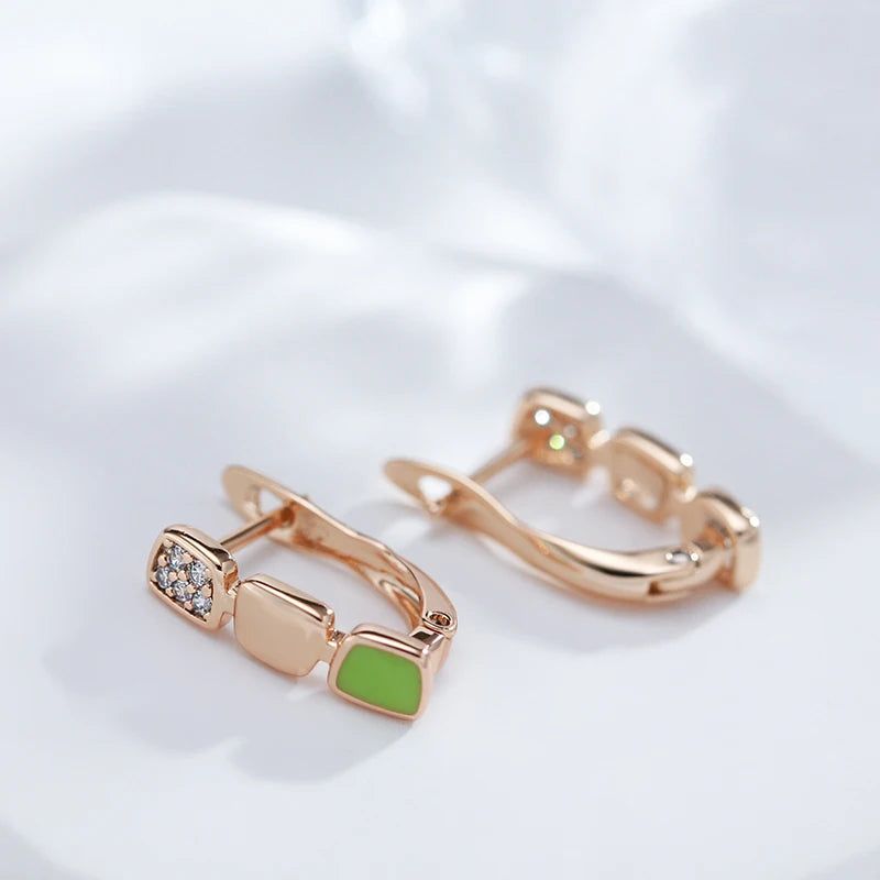 Smart Green Enamel and Natural Zircon Rose Gold Drop Earrings