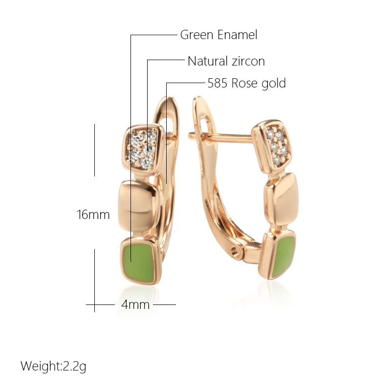 Smart Green Enamel and Natural Zircon Rose Gold Drop Earrings