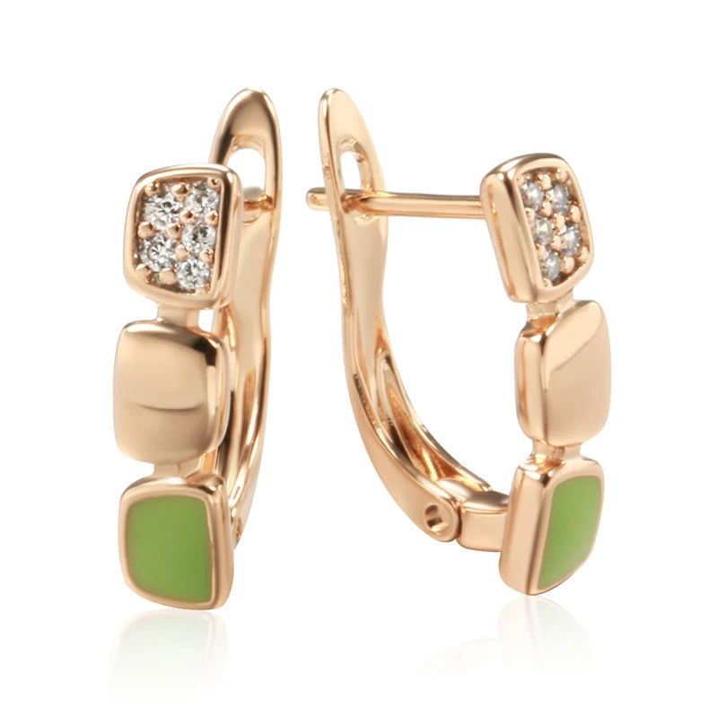 Smart Green Enamel and Natural Zircon Rose Gold Drop Earrings