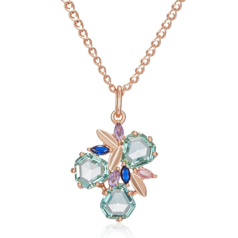 Smart Green Gemstone Rhombus Pendant Necklace with Natural Zircon in 585 Rose Gold - Vintage Style Jewelry