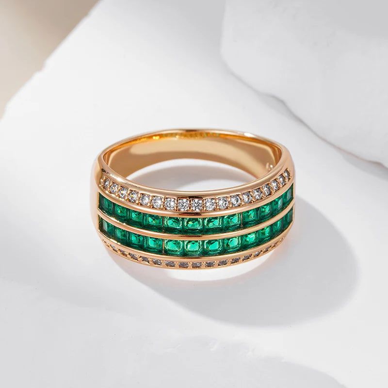 Smart Green Natural Zircon 9mm Wide Rose Gold Fashion Ring - Modern Ethnic Design Jewelry