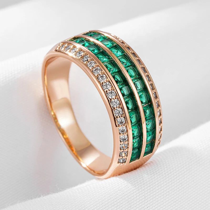 Smart Green Natural Zircon 9mm Wide Rose Gold Fashion Ring - Modern Ethnic Design Jewelry