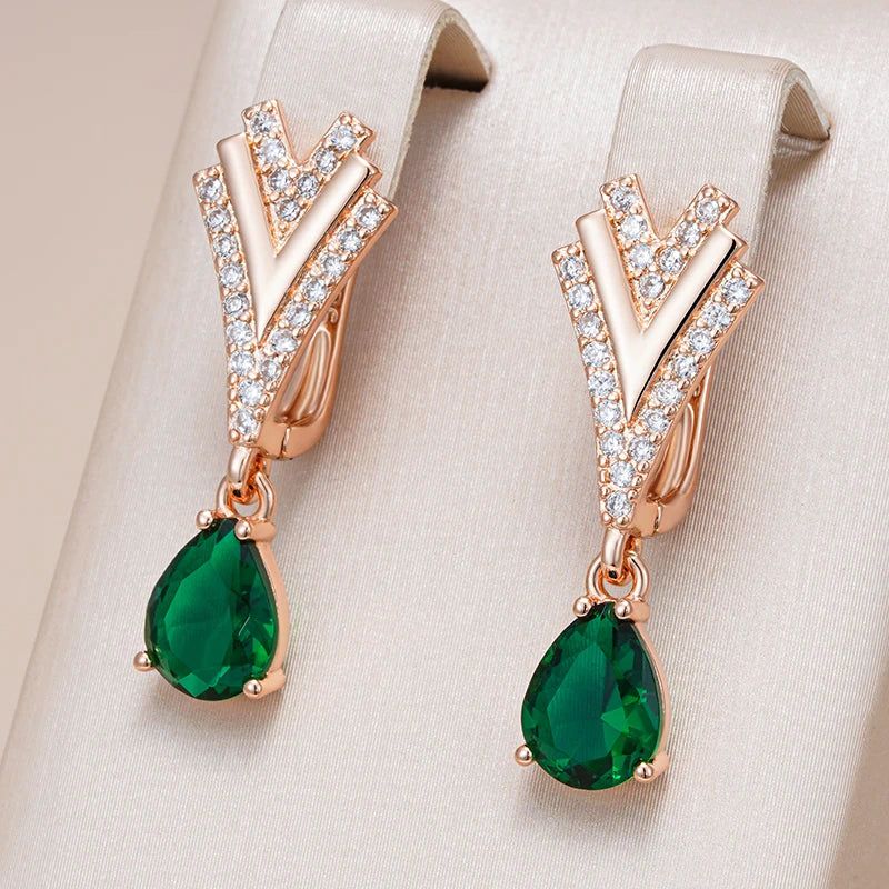 Smart Green Natural Zircon Drop Earrings in 585 Rose Gold with White Accents