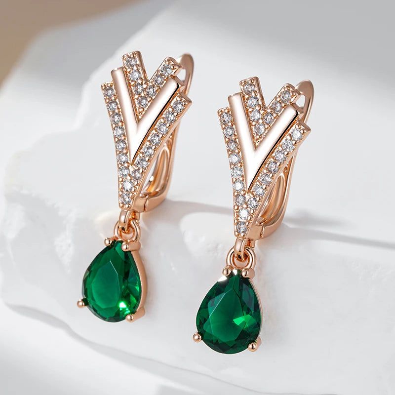 Smart Green Natural Zircon Drop Earrings in 585 Rose Gold with White Accents