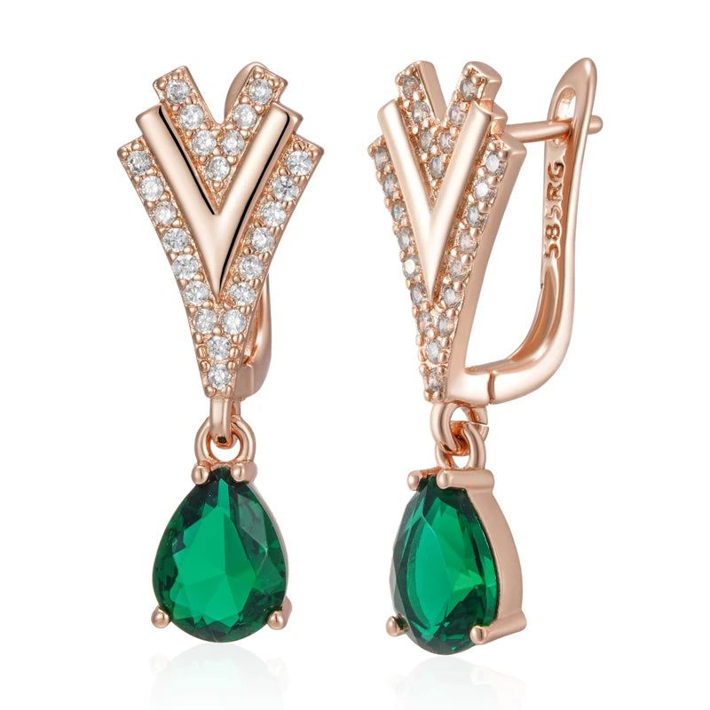 Smart Green Natural Zircon Drop Earrings in 585 Rose Gold with White Accents