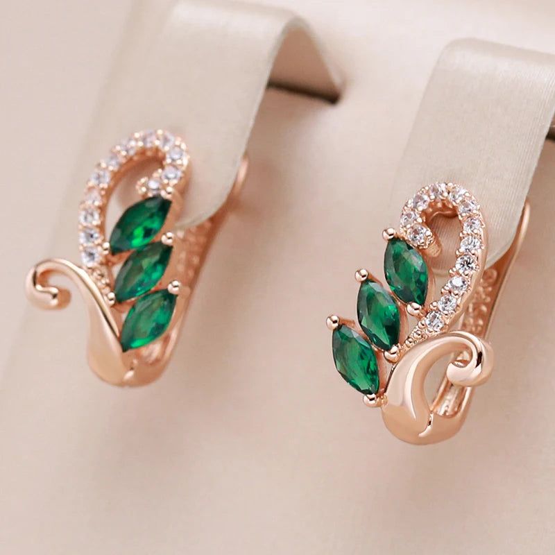 Smart Green Natural Zircon Geometric Drop Earrings in 585 Rose Gold with White Stones