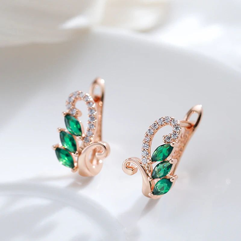 Smart Green Natural Zircon Geometric Drop Earrings in 585 Rose Gold with White Stones