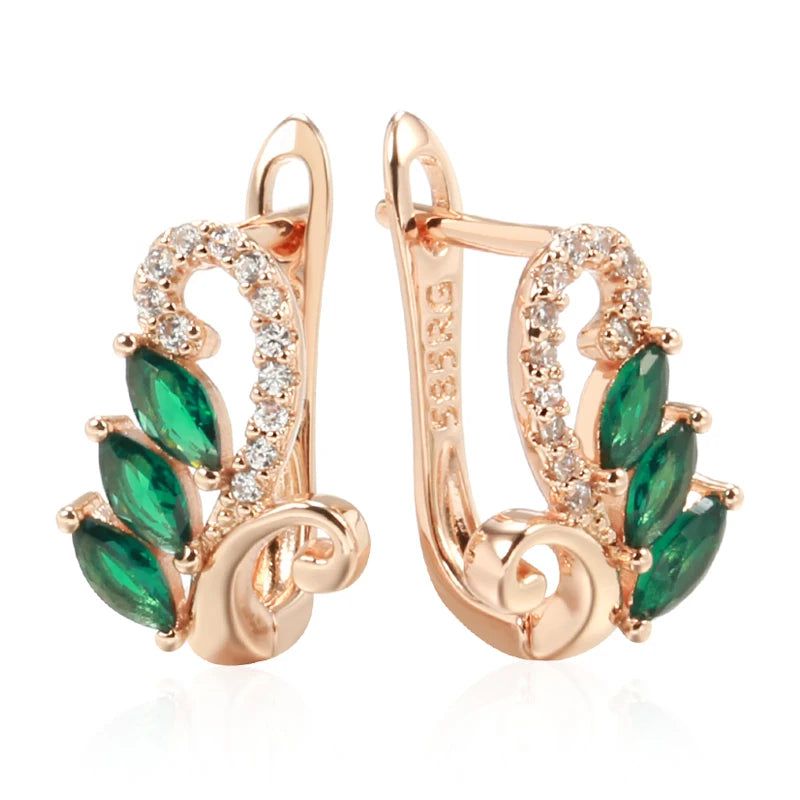 Smart Green Natural Zircon Geometric Drop Earrings in 585 Rose Gold with White Stones