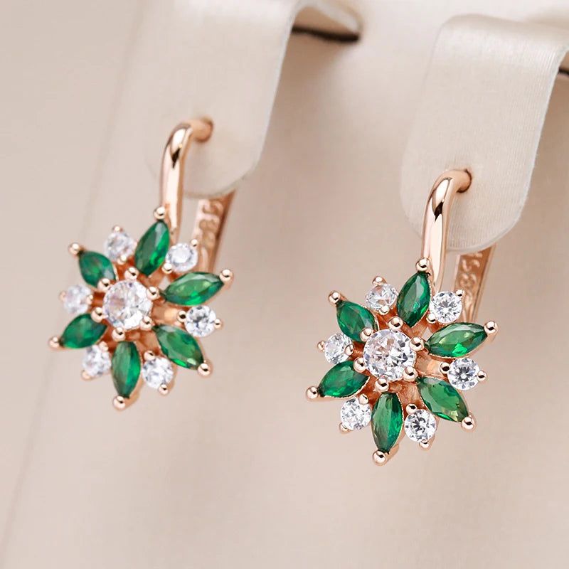 Smart Green Zircon Floral Drop Earrings in Luxurious 585 Rose Gold