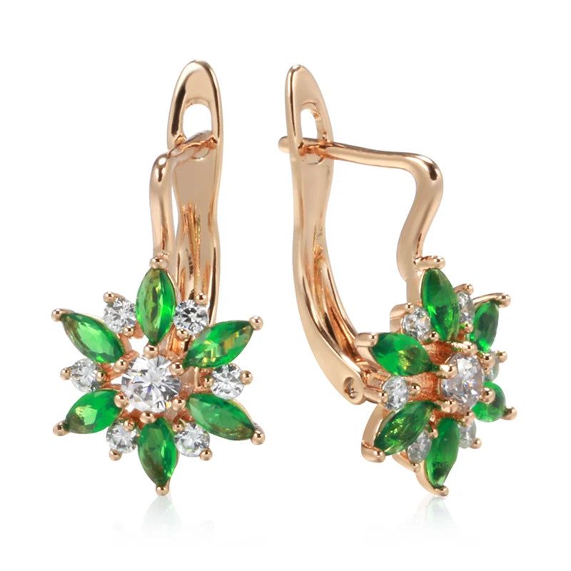 Smart Green Zircon Floral Drop Earrings in Luxurious 585 Rose Gold